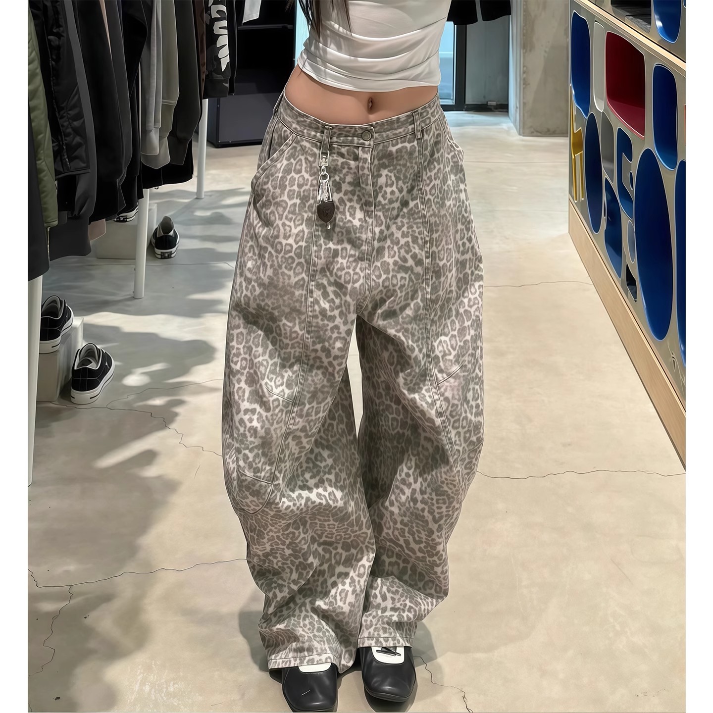 微胖mm辣妹复古豹纹弯刀牛仔裤女夏季新款廓形松弛慵懒宽松阔腿裤