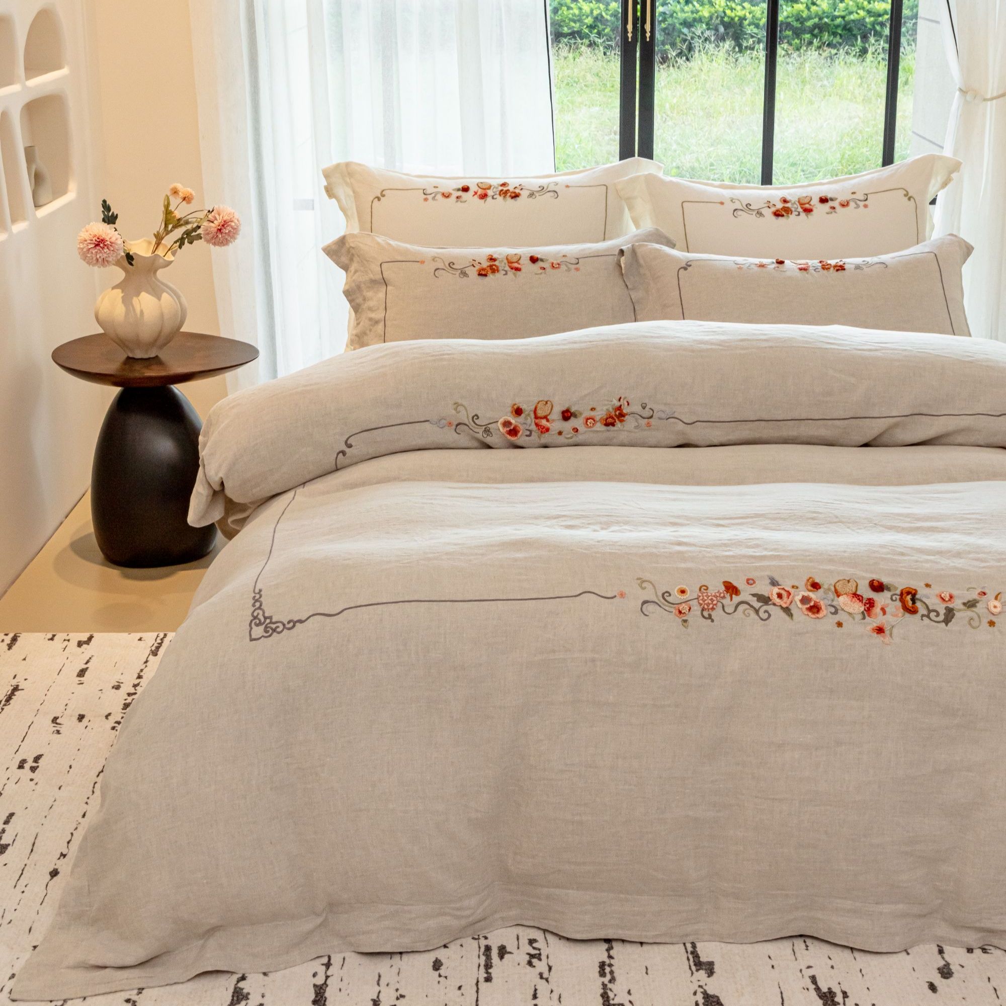 【一路生花】纯麻料汉麻亚麻手工绣高克重纯麻床品四件套