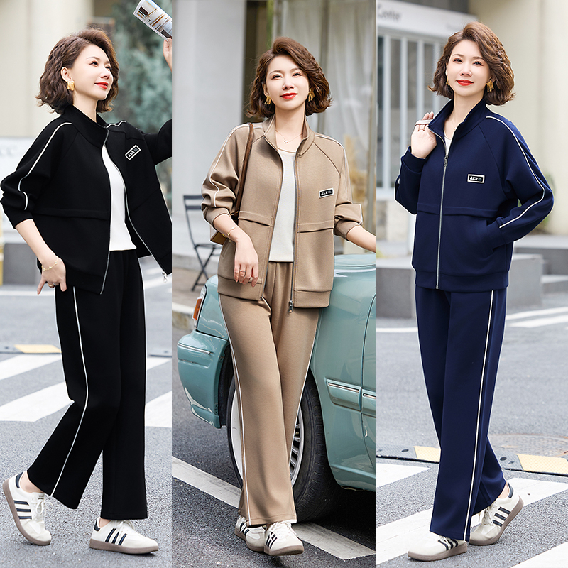 时尚妈妈装休闲运动立领套装拉链开衫2025春秋新款中老年女装舒适