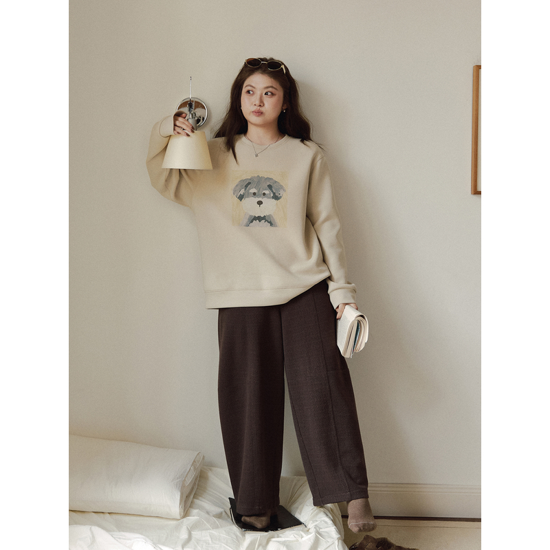 ALINDM【毕加索小狗】 大码微胖mm手绘印花双棉空气套头卫衣 AG7625