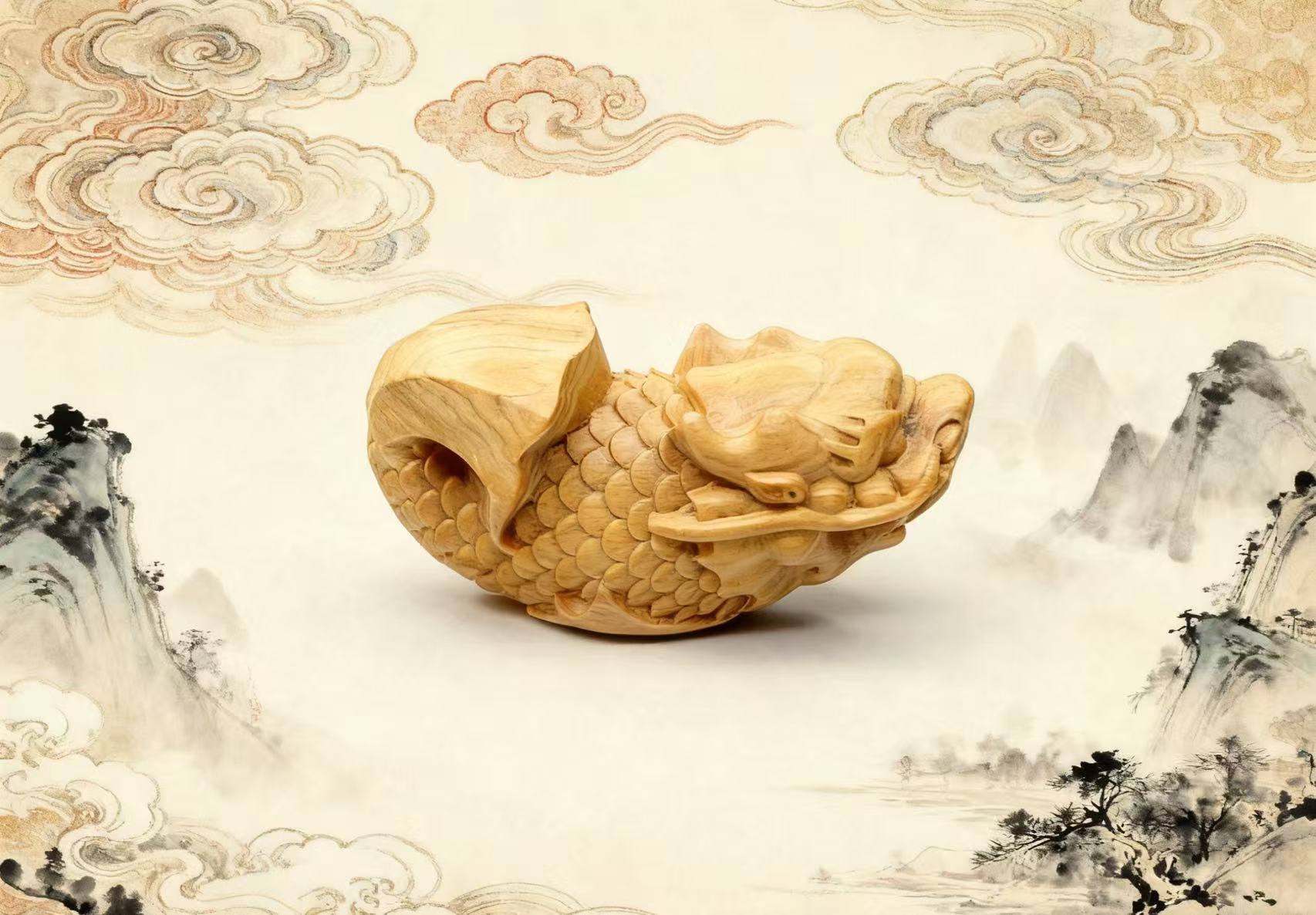 黄杨木—鱼化龙手把件