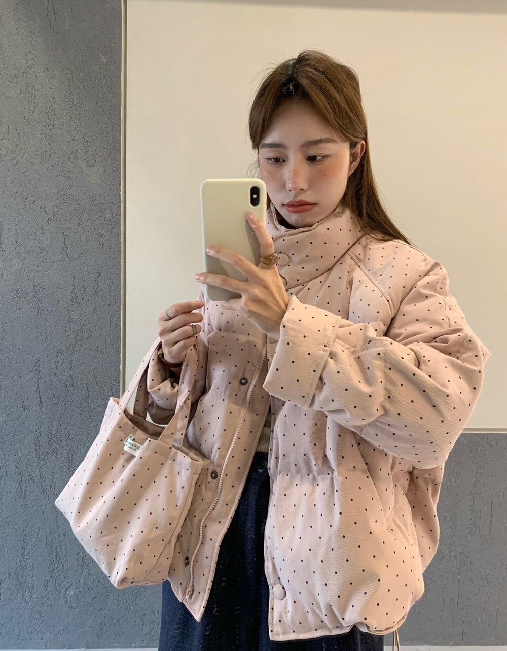 粉色波点甜美风棉服女短款宽松2025冬季新款韩系设计感小个子棉衣