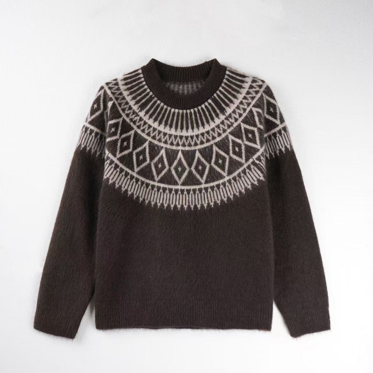 【川白—糯】秋冬牦牛绒100%复古提花圆领慵懒风宽松百搭开衫