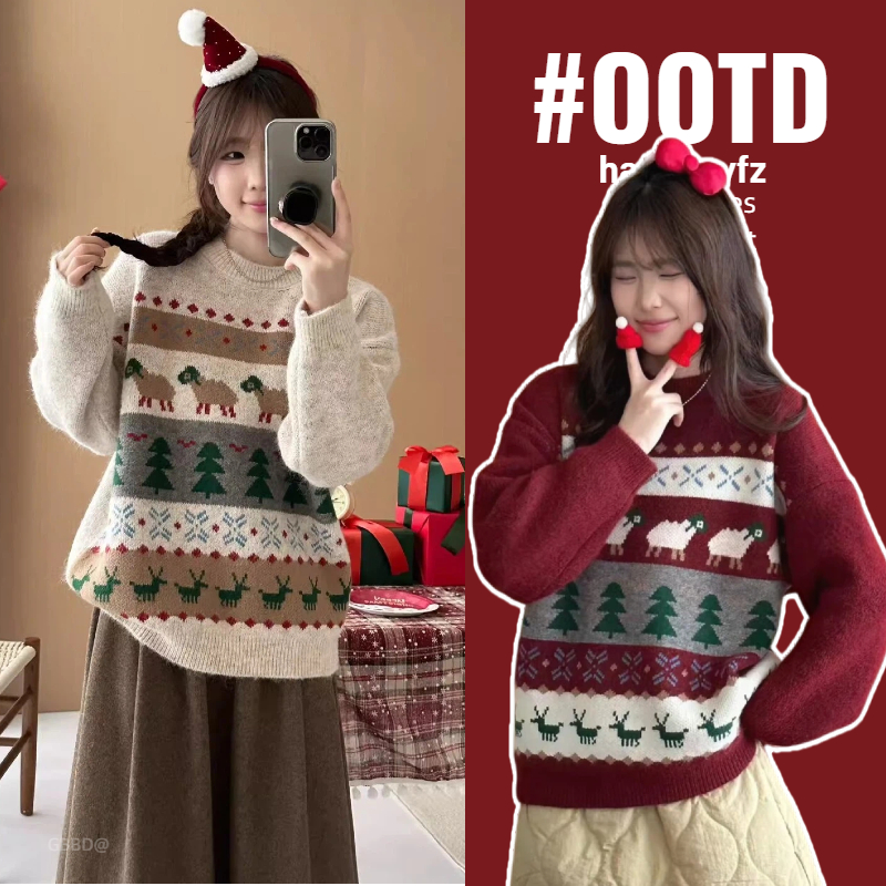 【晴晴】孕妇毛衣冬季2025新款时尚提花圣诞树加厚针织上衣孕妇冬装