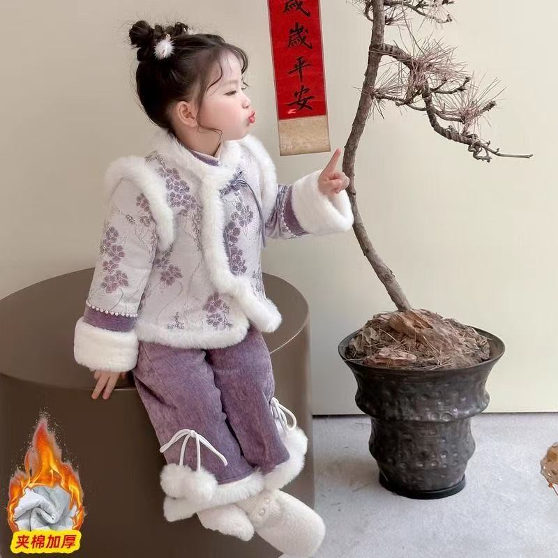 【花开富贵】女童加绒加厚拜年服套装儿童冬季洋气国风过年新年服