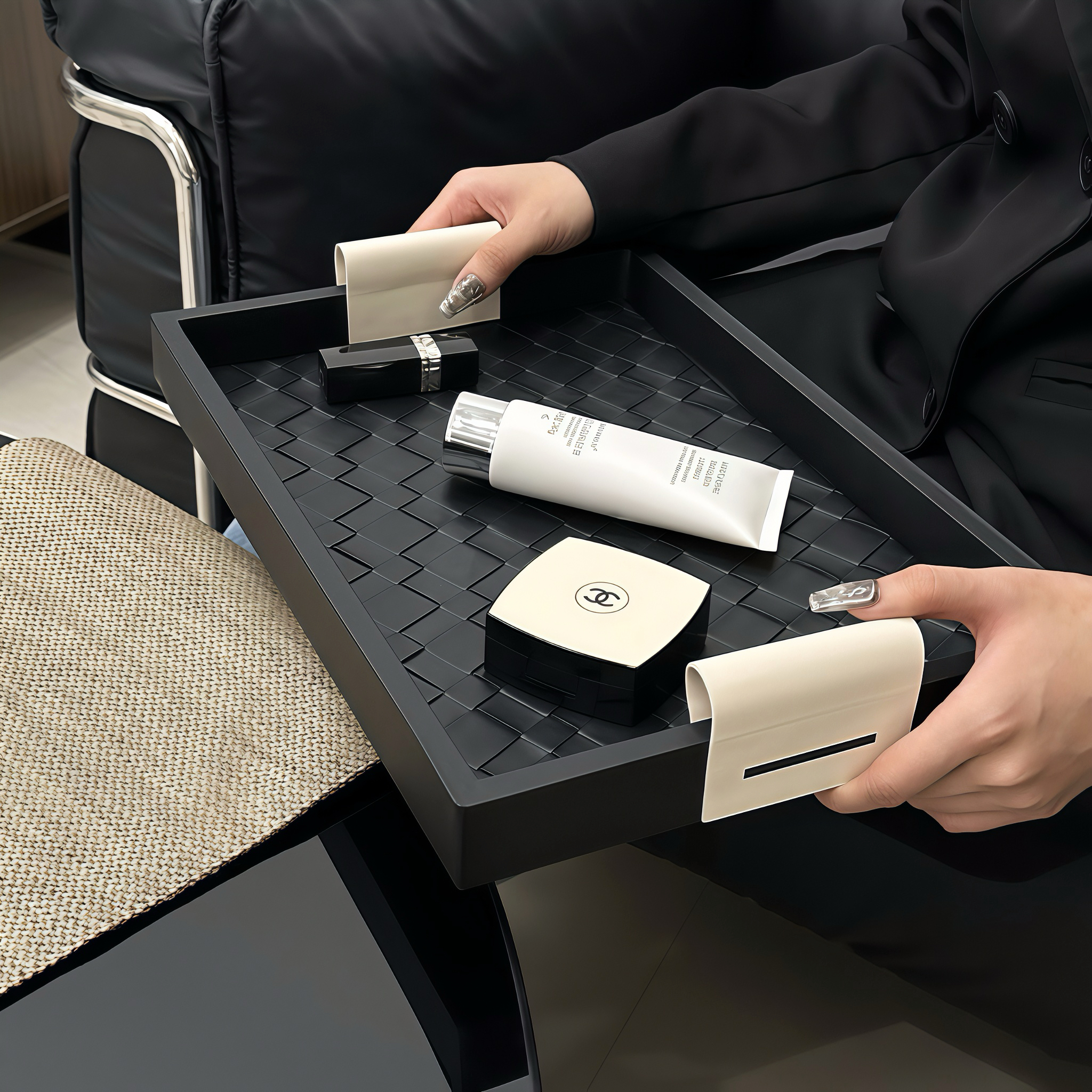 皮革黑色托盘摆件客厅茶几入户玄关钥匙收纳盘餐桌酒浴室香薰摆盘