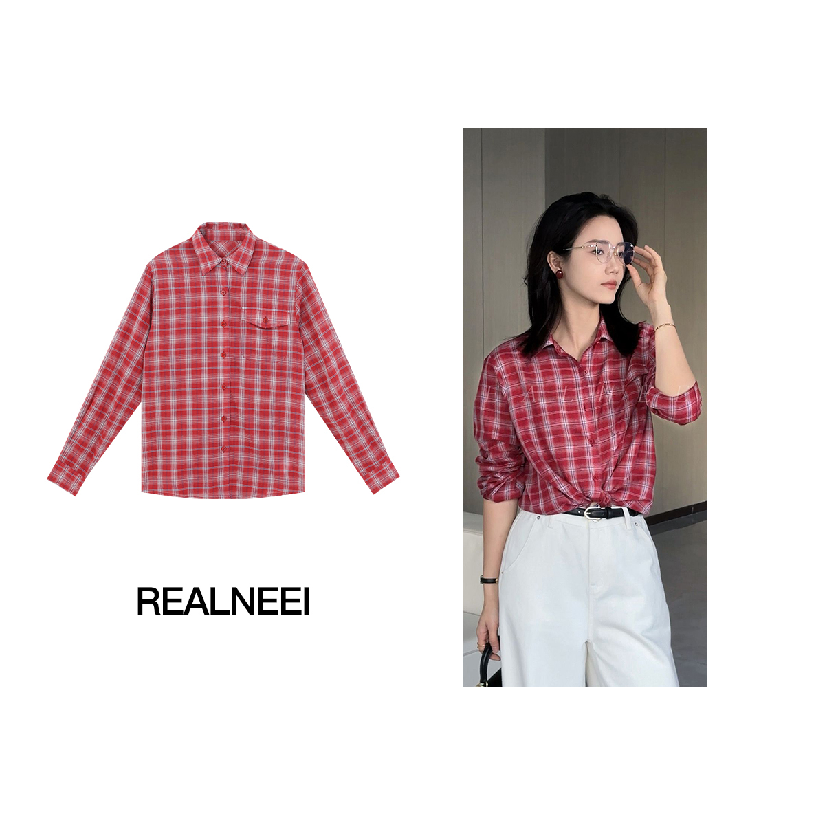 REALNEEI【红格衬衫】休闲99棉红调格纹  超轻薄长袖防晒衬衫22627