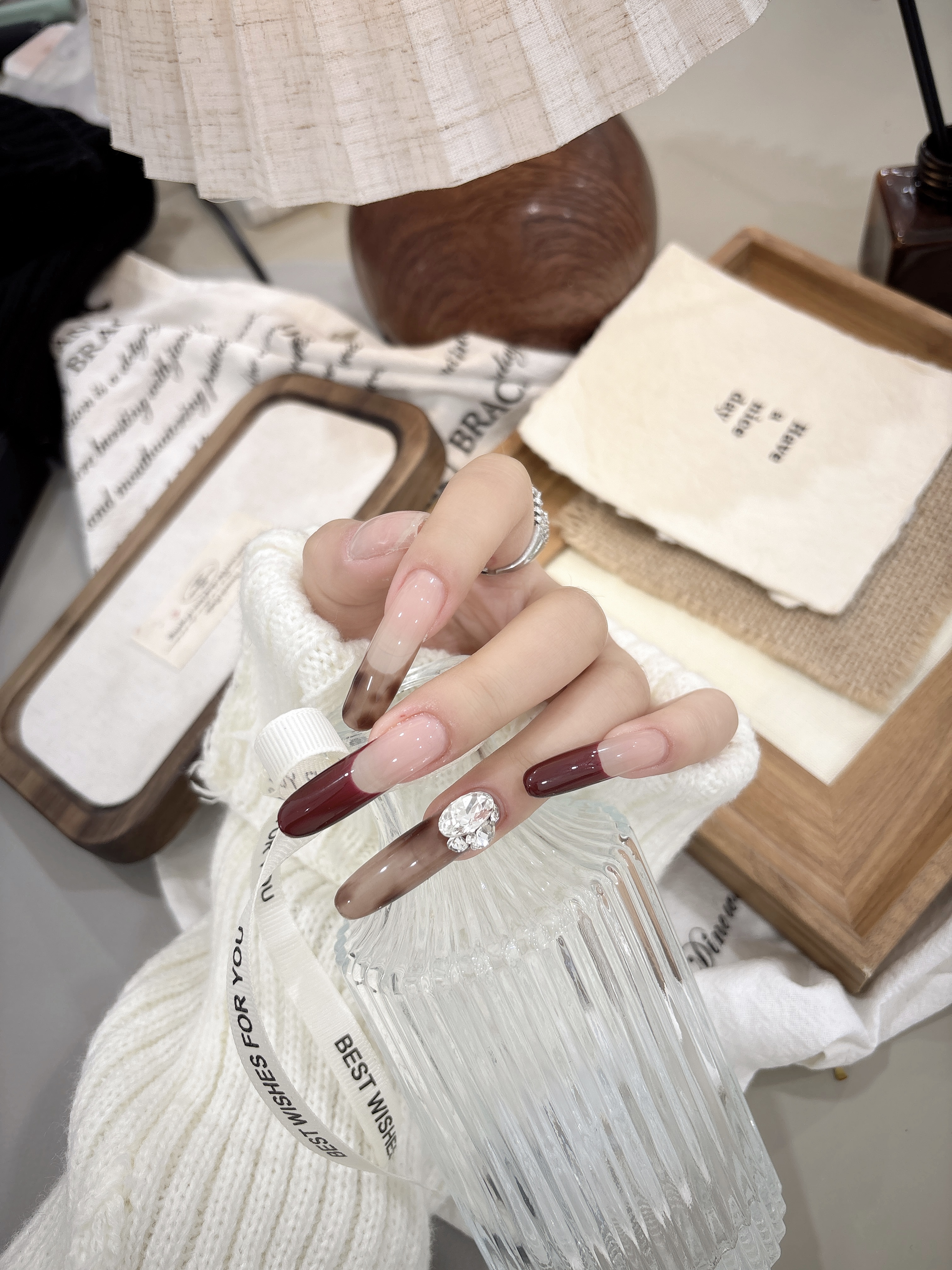 沐沐美甲-秋冬琥珀晕染玳瑁复古红法式