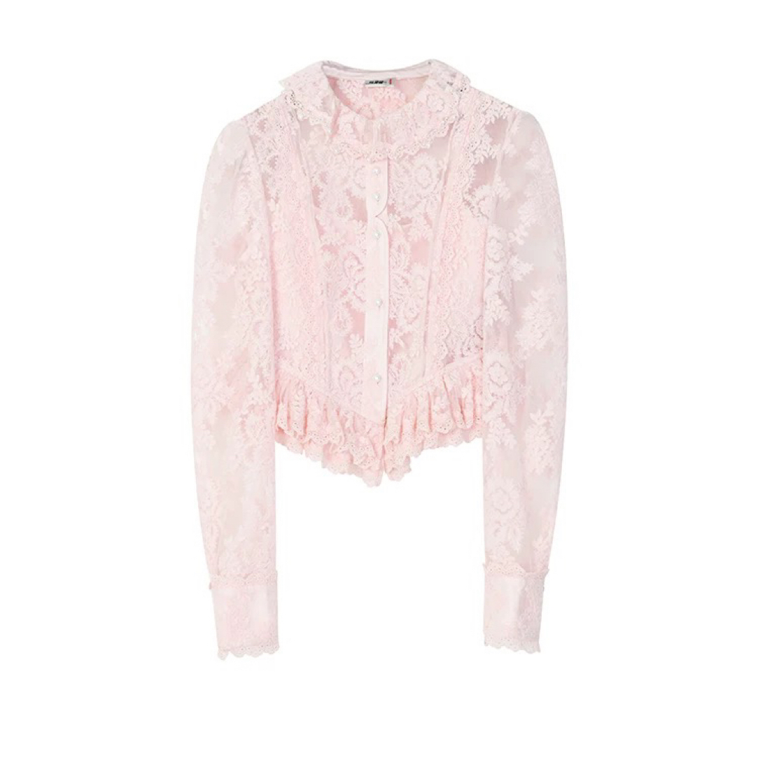 LeFame/拉飞姆冬复古浅色花朵藤蔓钉珠网纱蕾丝上衣LF24D11SB277