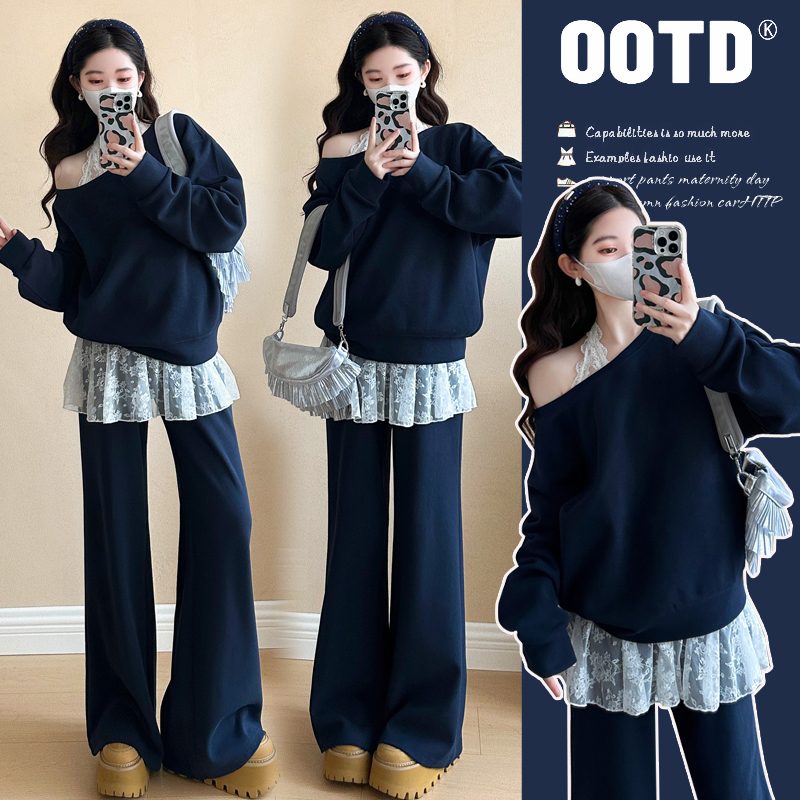 孕妇装秋装套装2025新款韩版蕾丝斜肩挂脖长袖孕妇卫衣秋季孕妇裤