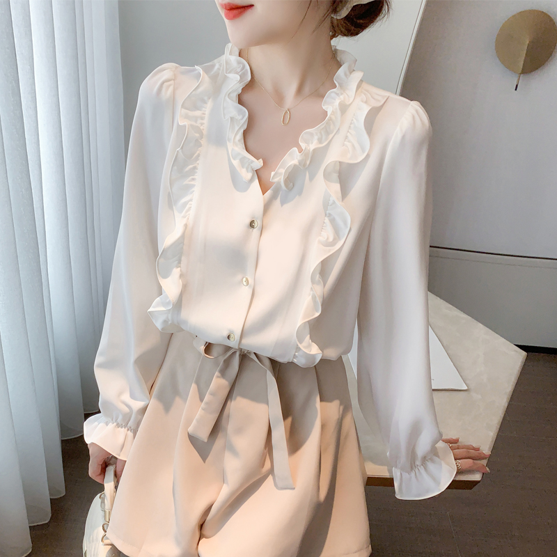 法式别致花边V领衬衫春秋设计感小众衬衣职业通勤长袖上衣气质