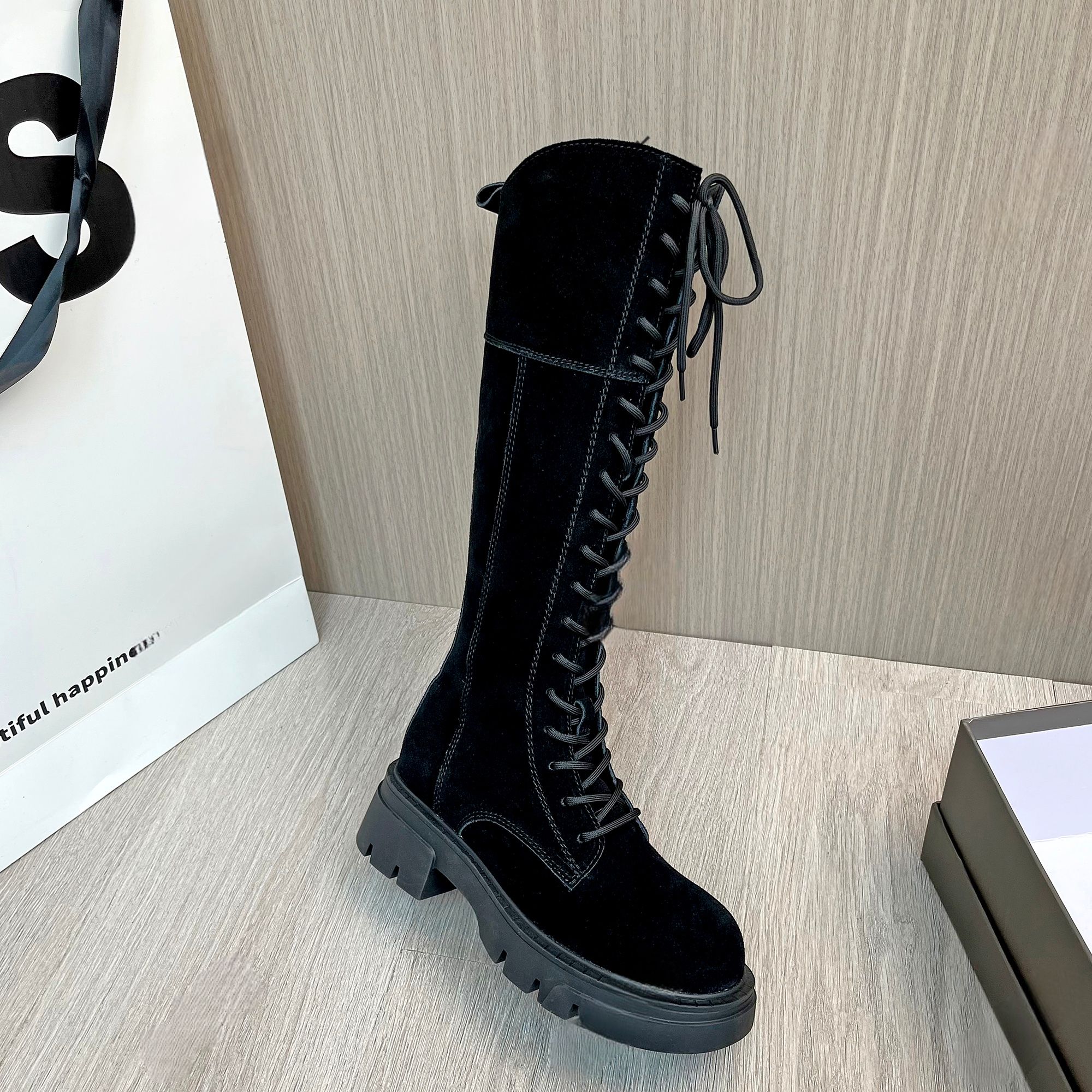 安暖家【长系带】高靴显瘦百搭大筒围女靴时尚长筒 D36552