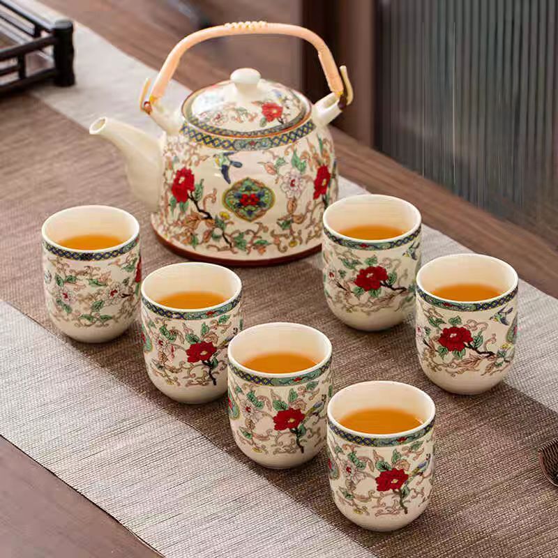 珐琅彩山茶花（大）提梁壶+（大）6杯-2645