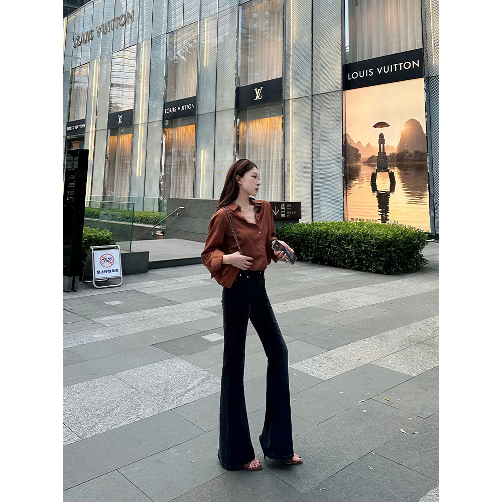 小王家/MeiLi新款喇叭裤韩版女秋季高腰显瘦微喇裤复古百搭牛仔裤