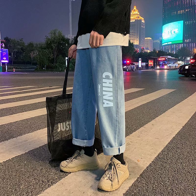 K185夏季复古牛仔裤男士宽松直筒裤学生潮牌中性风阔腿长裤子