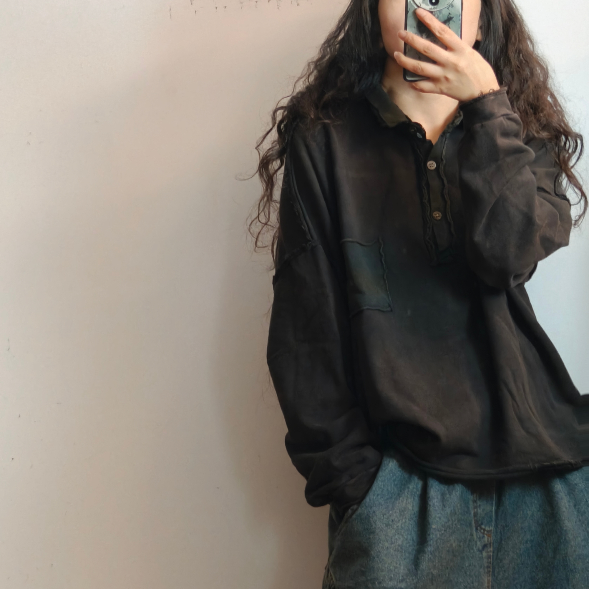 虞姑娘推荐  复古炒色做旧半开扣翻领卫衣(衣长60胸围140)