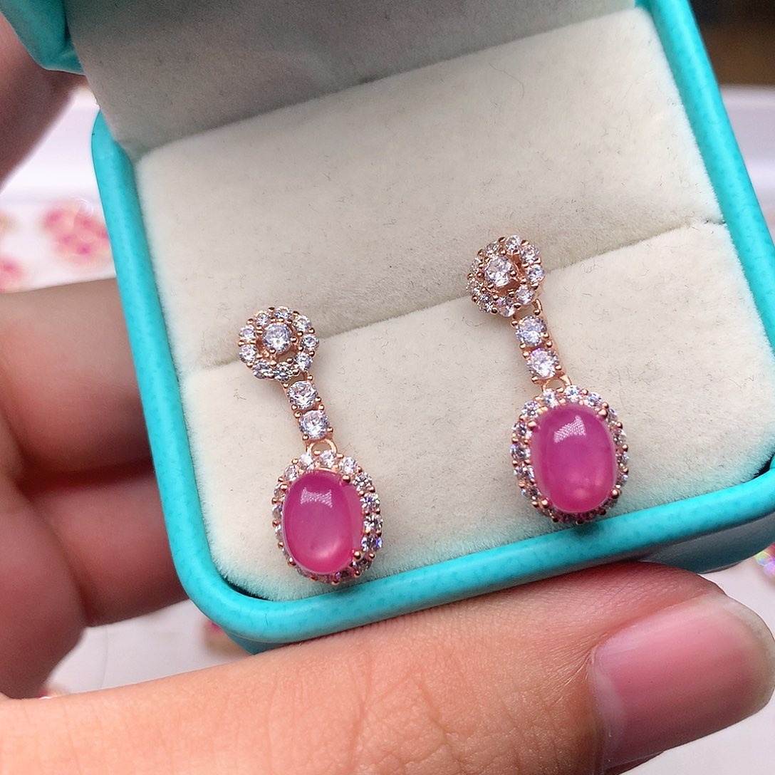 红宝石耳饰银S925镶嵌