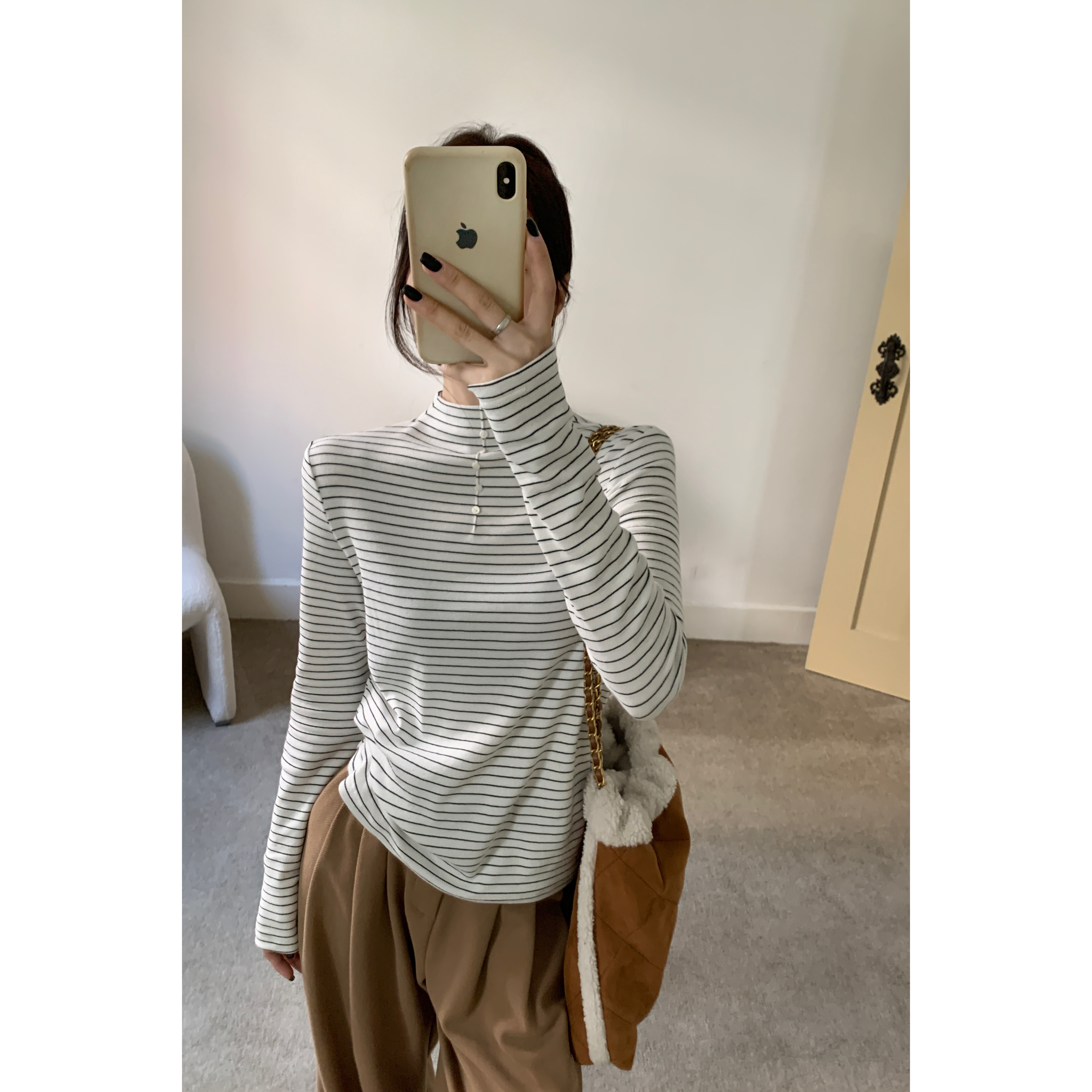 J-7414#闰熙#【定制德绒面料】韩系条纹打底圆领长袖t(福利）