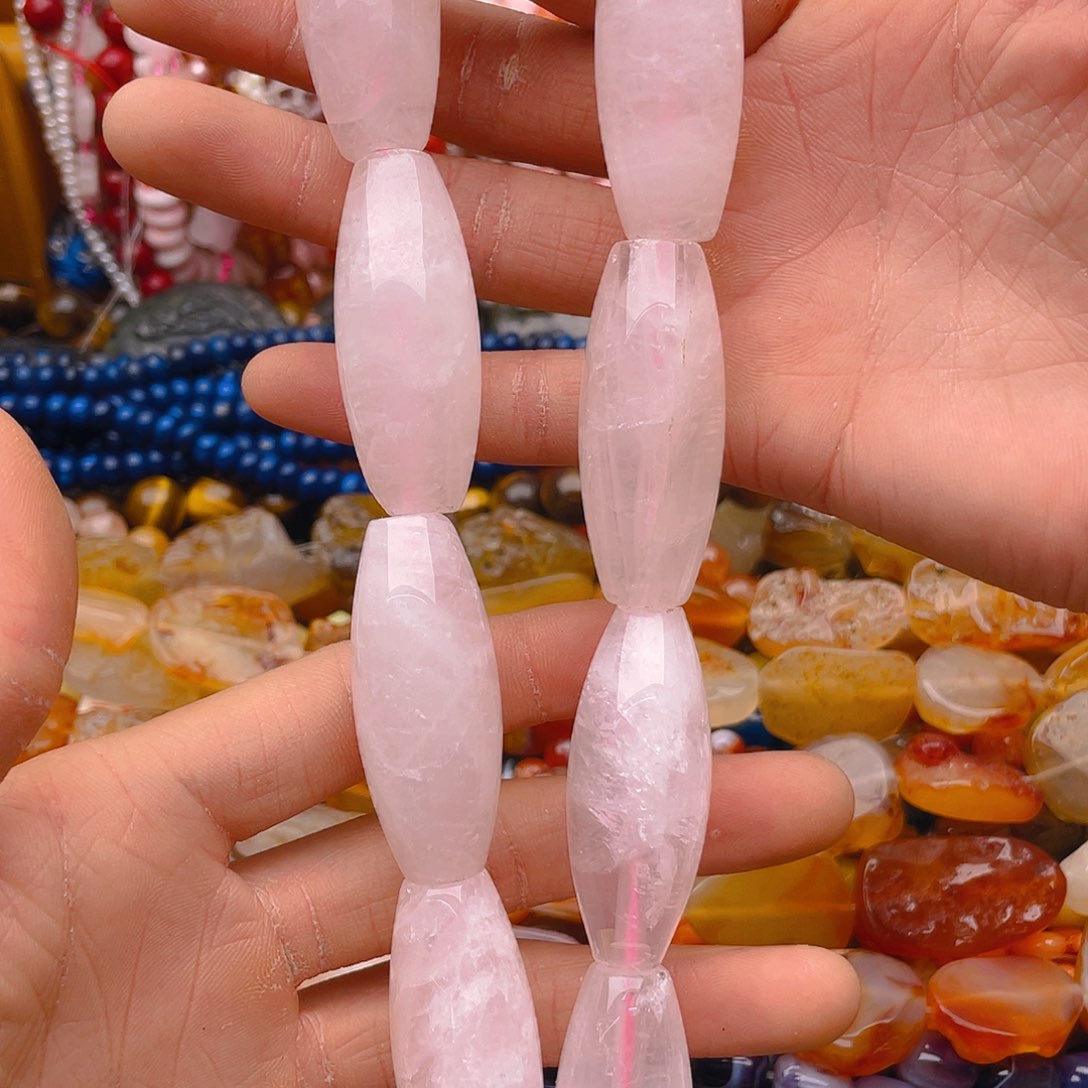 玛瑙/玉髓珠宝半成品未镶嵌粉水晶大桶珠1条卡18*45
