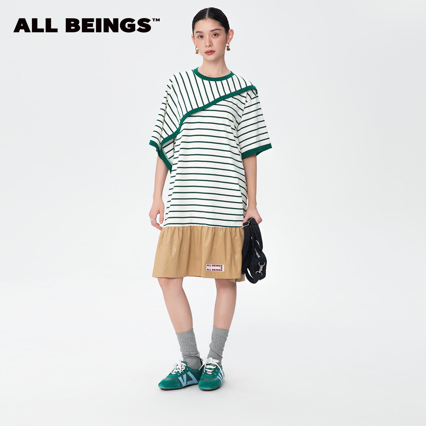 ALL BEINGS25AW设计师新款夏季休闲宽松绿色条纹方巾T恤连衣裙