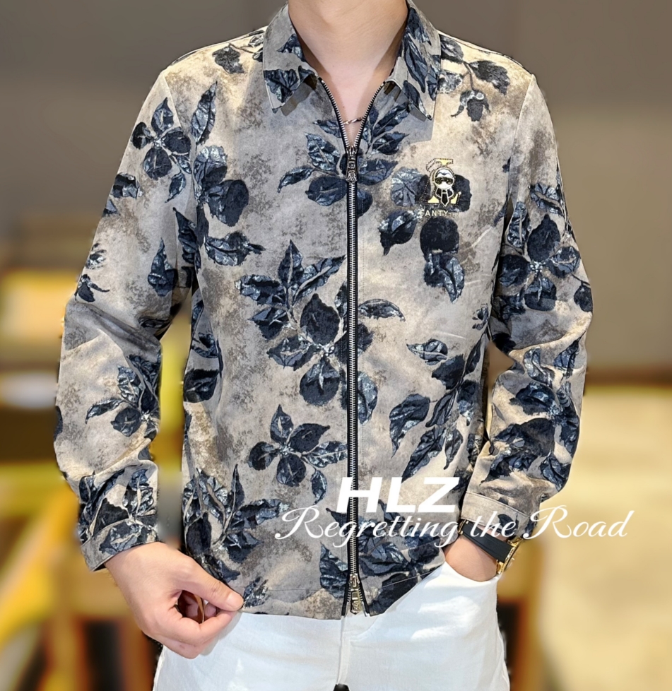 2025新款夏季男士双拉链印花帅气翻领薄款冰丝时尚休闲长袖衬衫