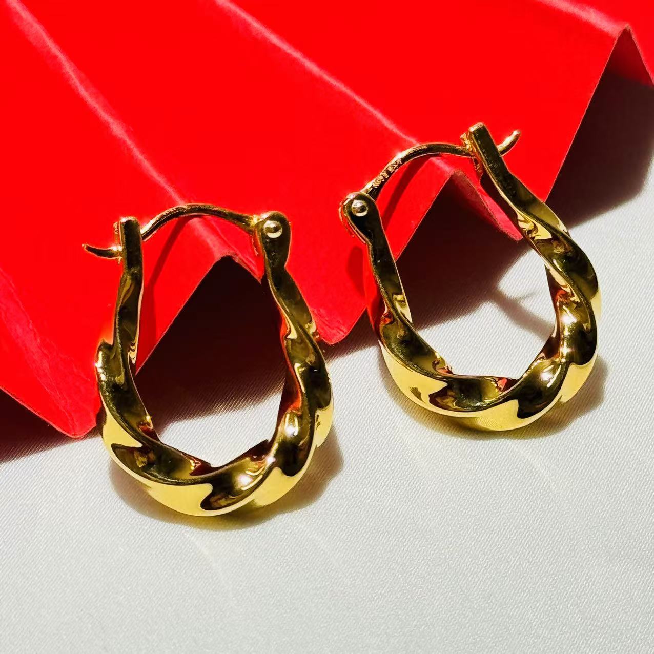 黄金足金999扭转U形5D硬金耳扣耳环