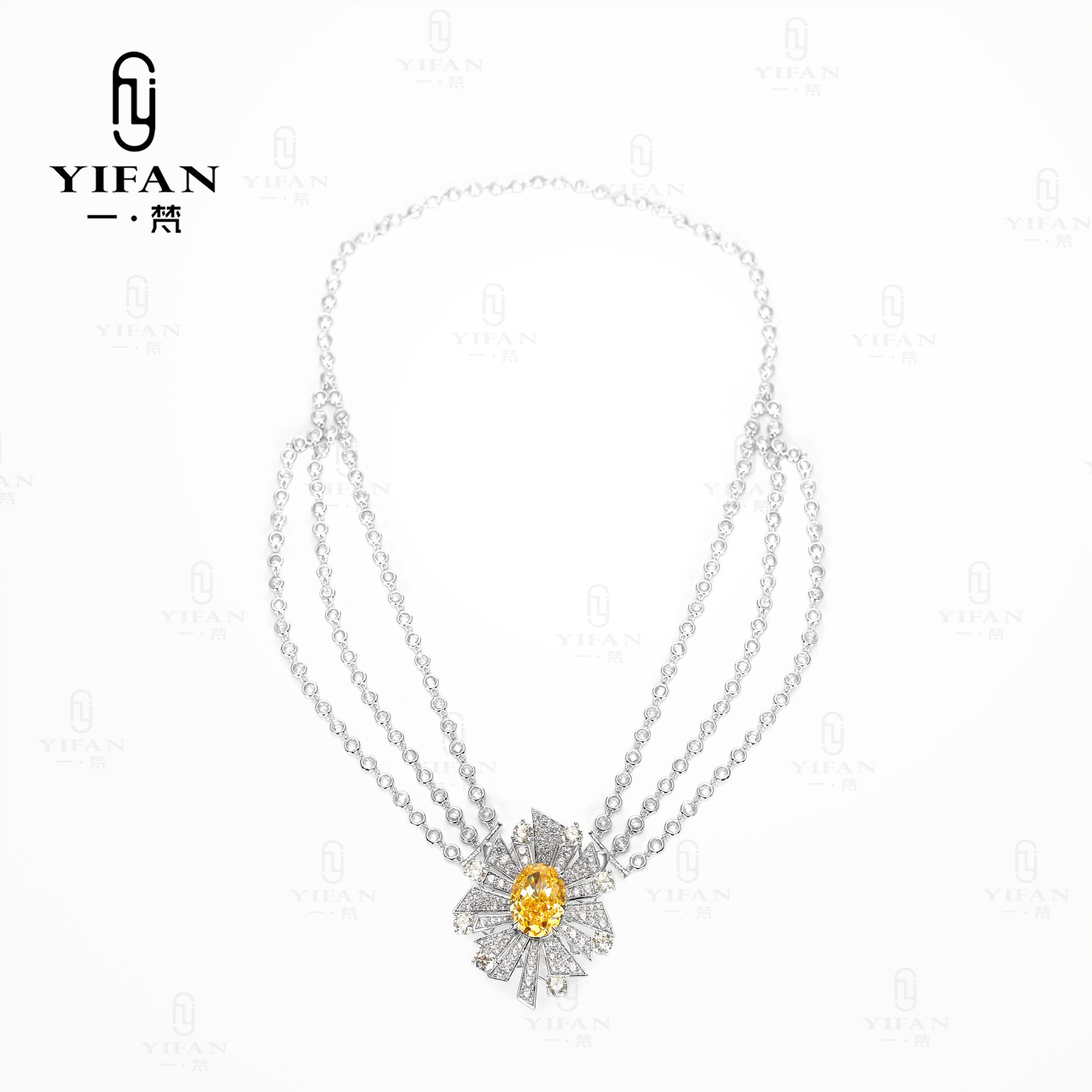 坠链均925银合成锆石 【日月星辰】黄鸽子蛋项链女款-016