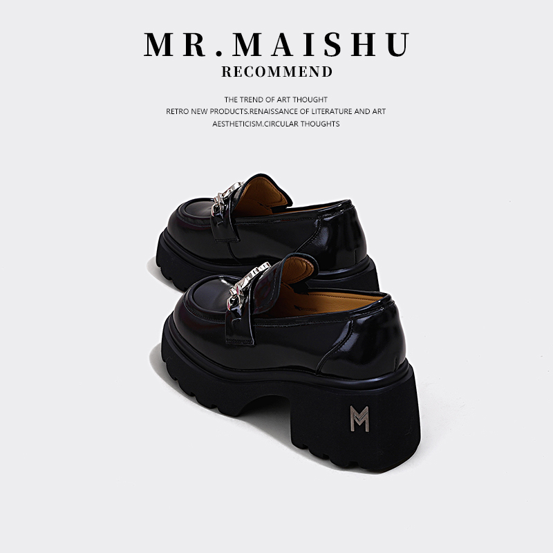 MR.MAISHU~头层牛皮厚底真皮黑色乐福鞋女款春夏小个子增高小皮鞋