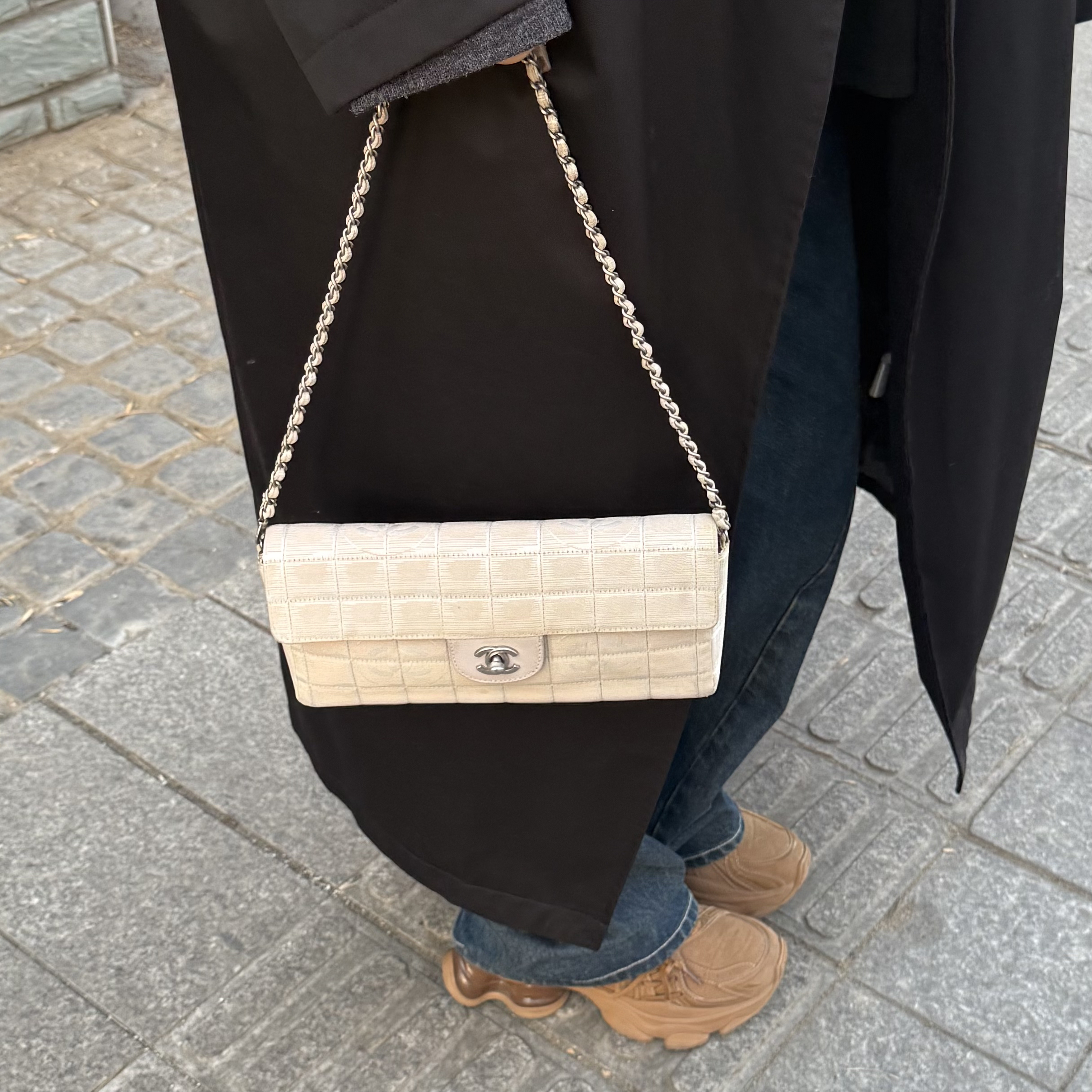 95新 Chanel/香奈儿 香奈儿 山茶花布面冰格米色链条包