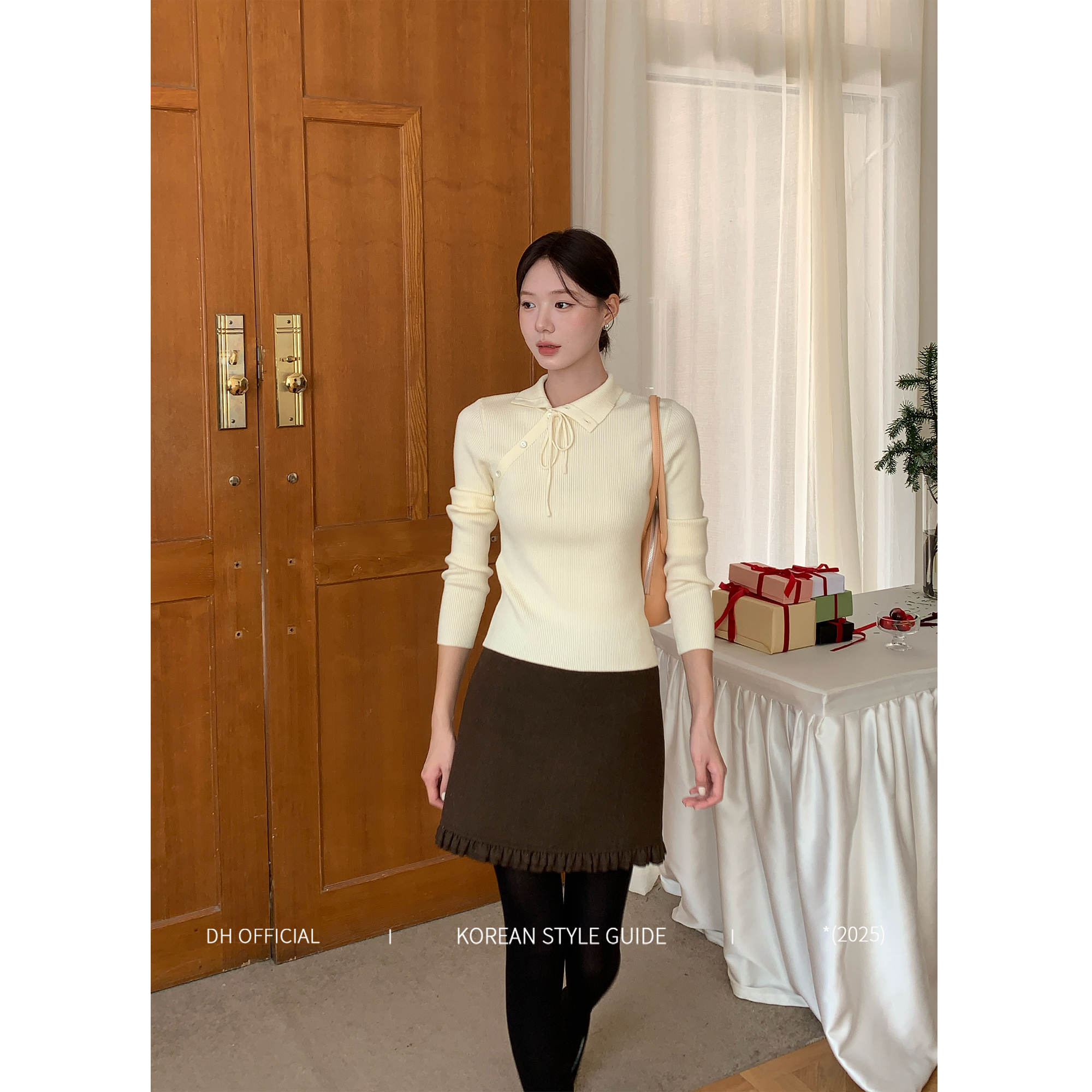 DH 大花【秋叶暖咖brown】“绵羊毛”秋冬复古咖色毛呢质感木耳边短裙