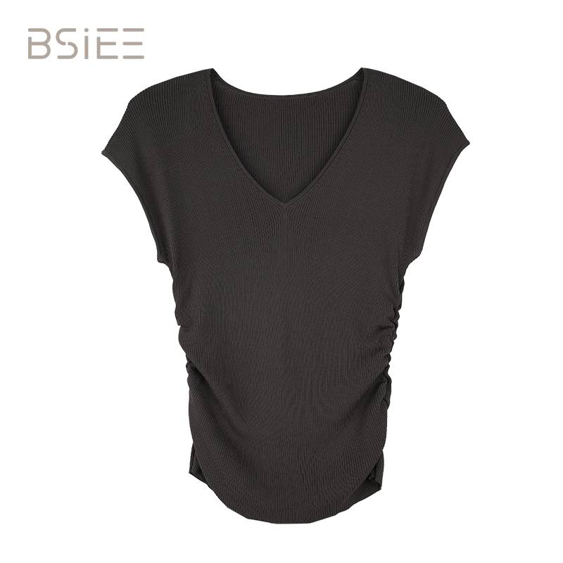 BSIEE/本涩V领抽褶薄针织时尚休闲百搭修身纯色无袖