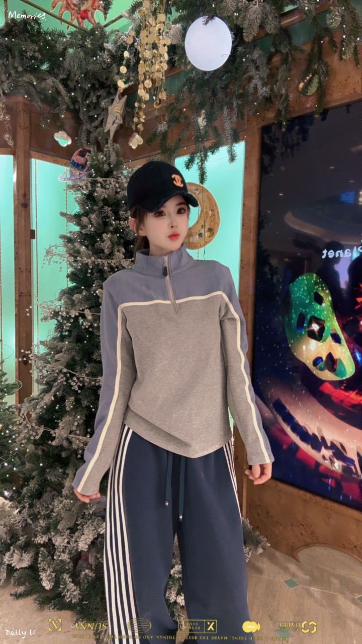【王小小26286】撞色半拉链德绒立领冬季百搭修身套头卫衣