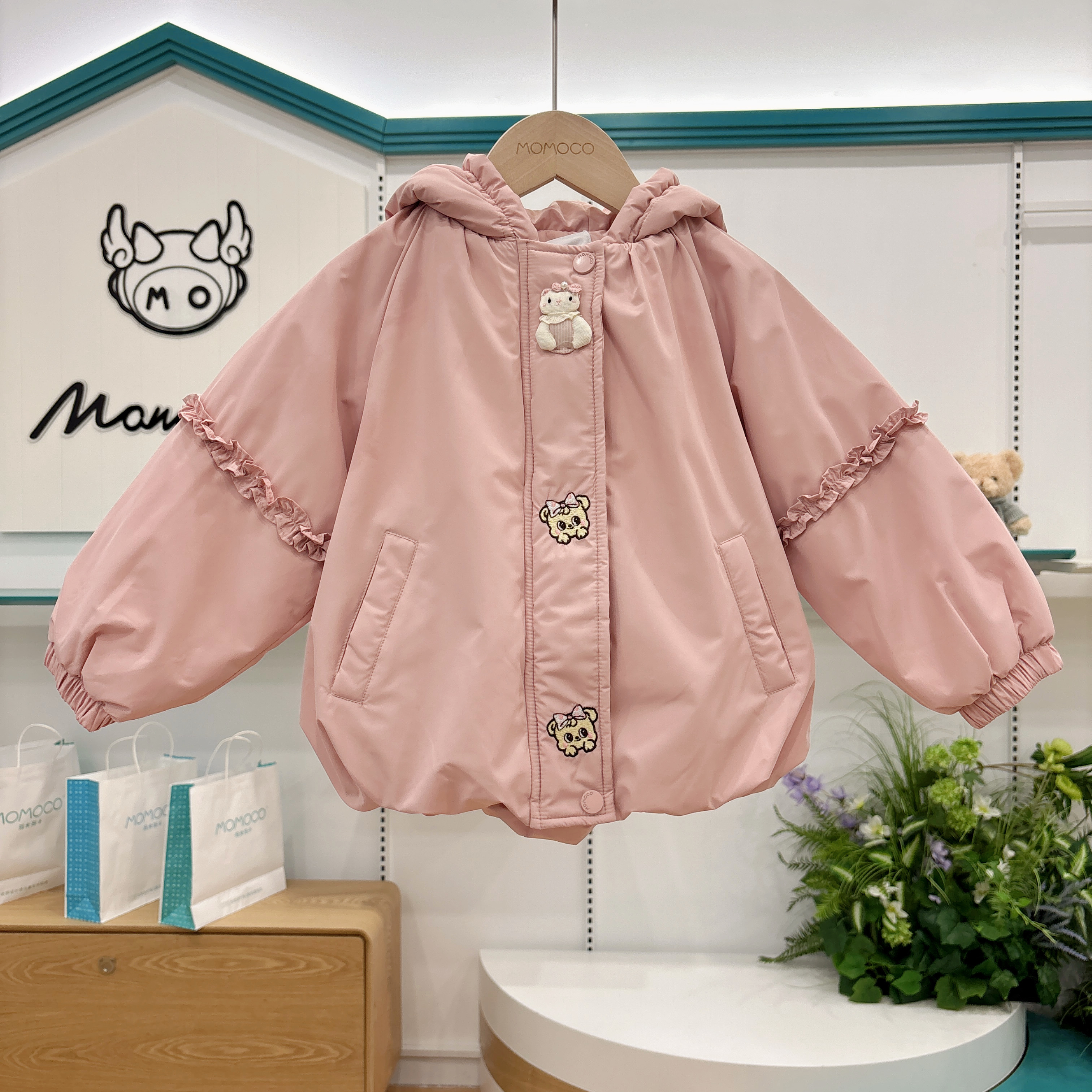 MOMOCO冬季新款女童可爱小熊大蝴蝶结连帽棉服外套77880107002