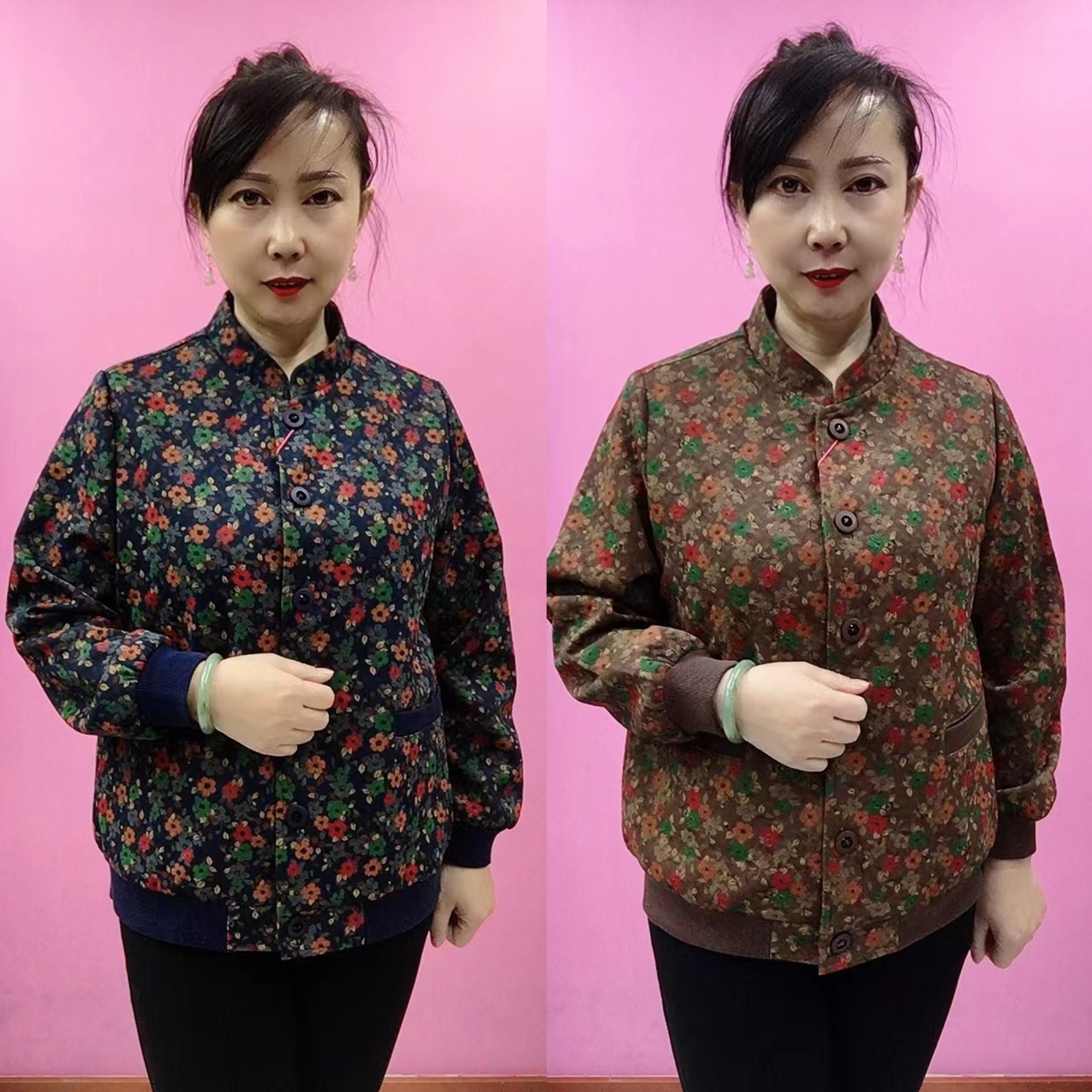 新款中老年妈妈装立领花色加竹炭绒上衣外套YQY2517