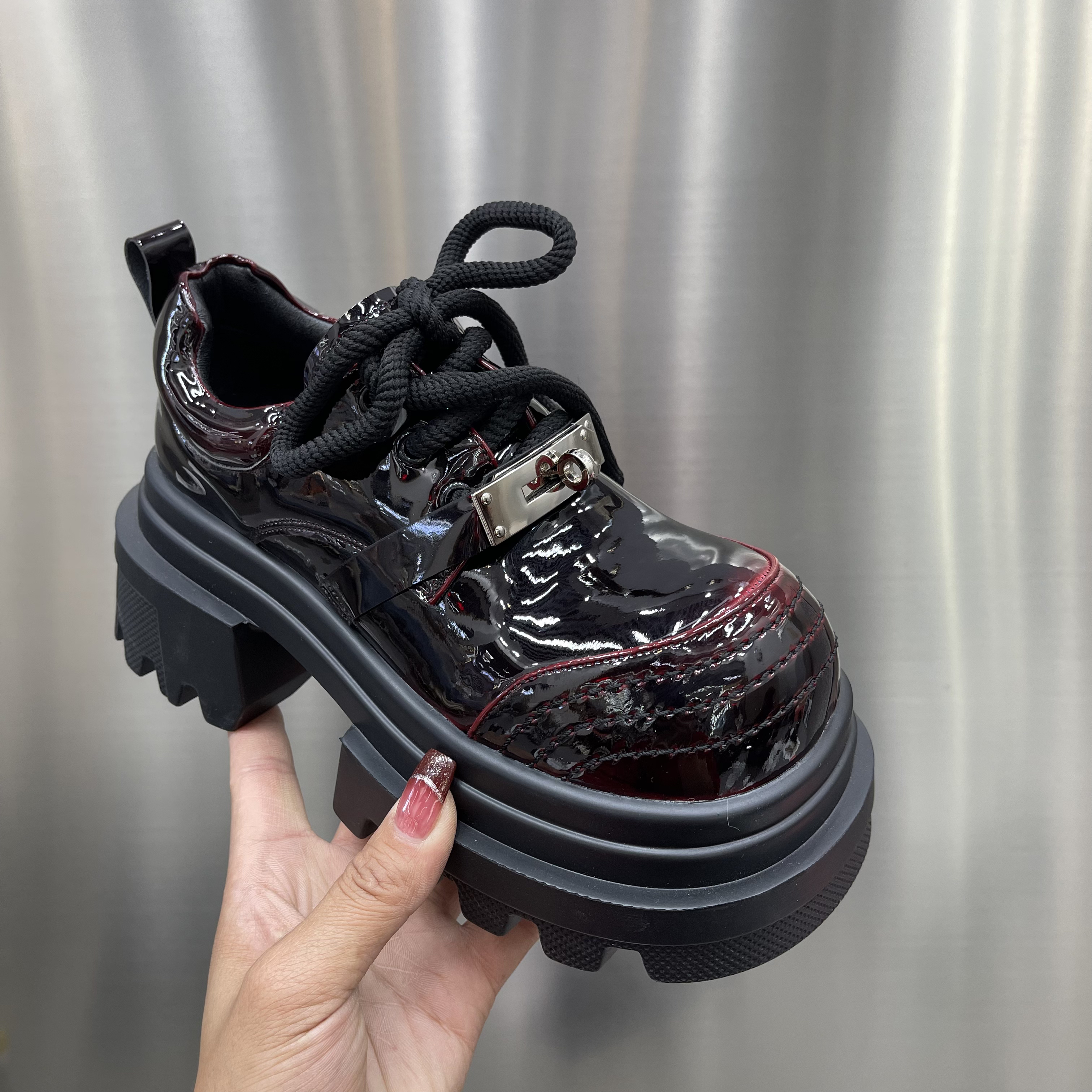 MSDDTTY约8厘米高跟乐福鞋春季鞋黑色休闲鞋圆头百搭英伦复古厚底