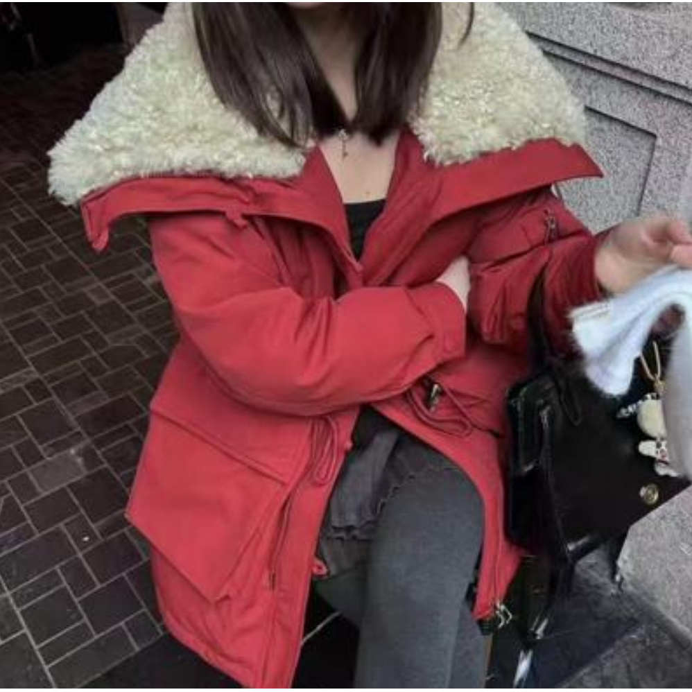 24176 /1280牛角扣大翻领收腰系带棉服派克工装外套