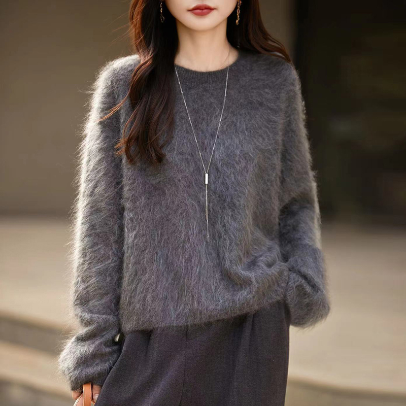 一线成衣拉毛绒圆领纯羊毛衫女秋冬新款针织上衣宽松软糯慵懒外穿