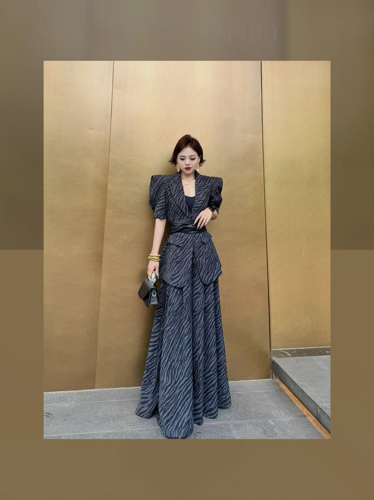 LTT STUDIO夏季新款法式时尚气质设计感斑马纹复古高腰阔腿裤