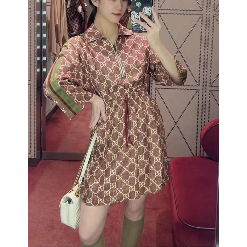 99新 GUCCI/古驰  qq二二四 桑蚕丝 满印老花真丝连衣裙 S码