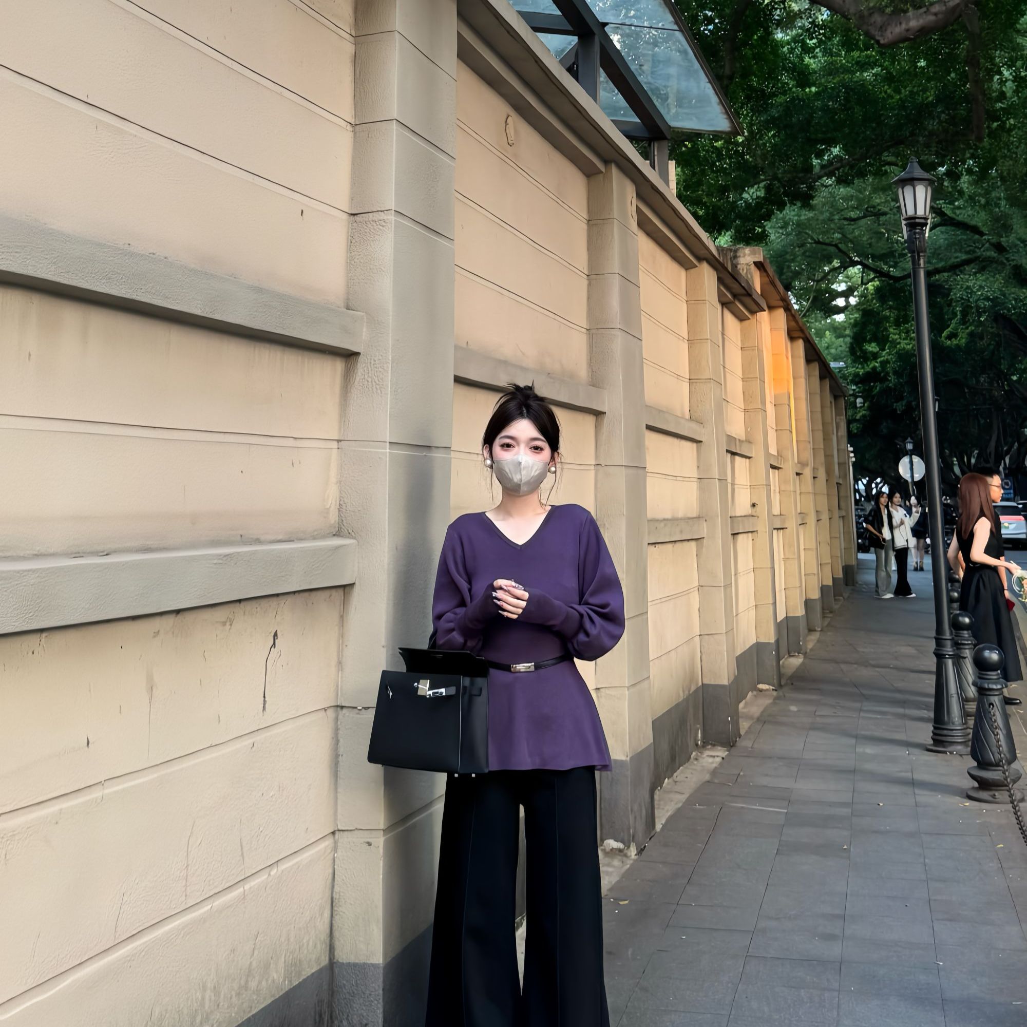 大静推荐【紫韵腔调】秋冬加厚毛衣女新款V领灯笼袖羊毛衫上衣