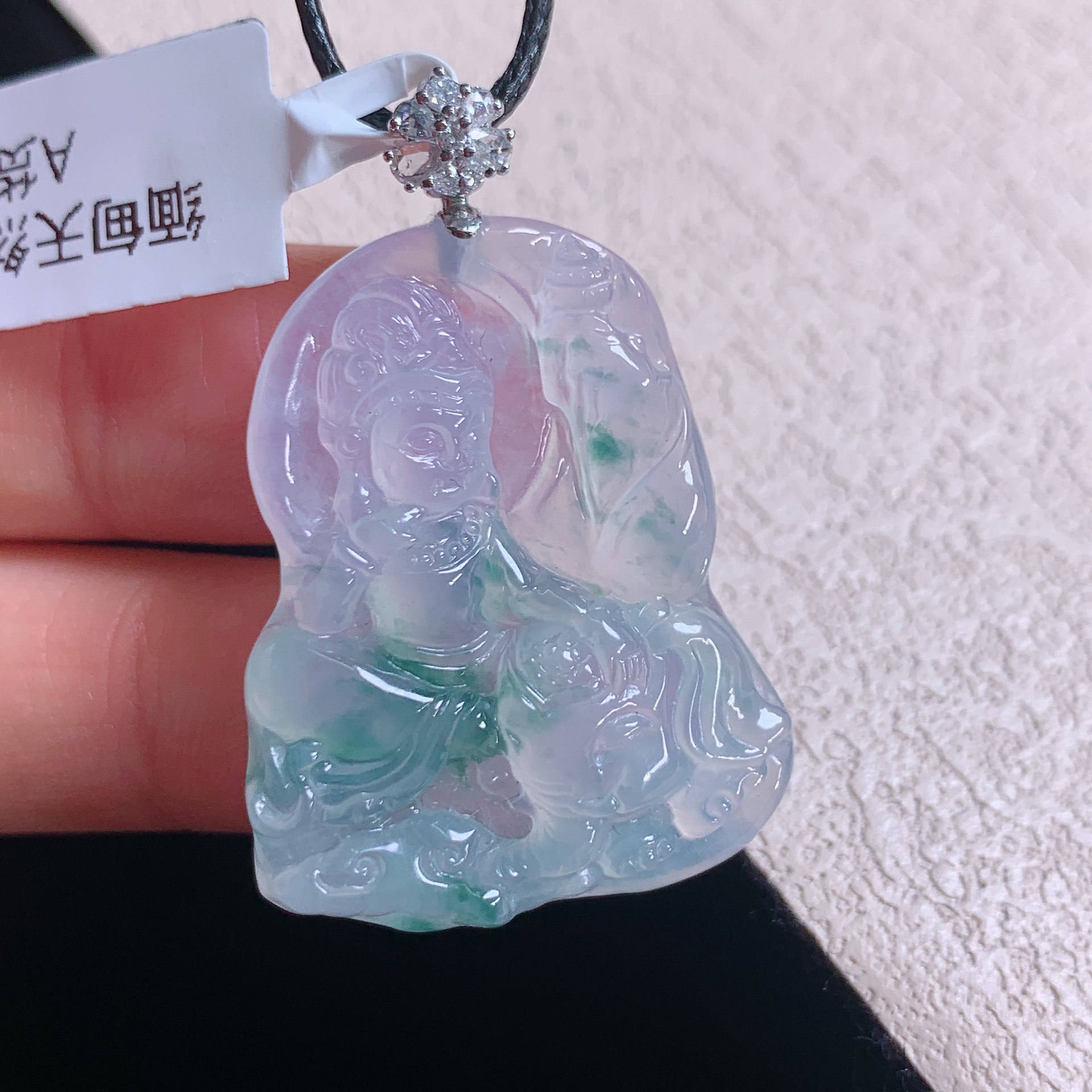 缅甸天然翡翠A货老坑冰种飘花文殊观音吊坠高品质精雕32×25.1×5.2