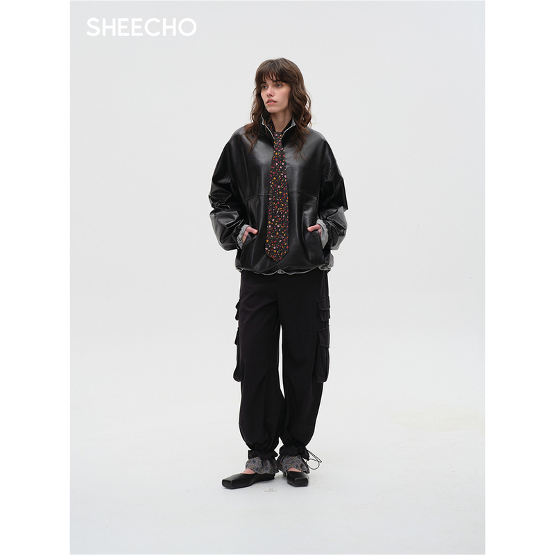 ASYUS设计师品牌25PF早秋黑色抽绳亮面皮卫衣女长袖上衣SHEECHO