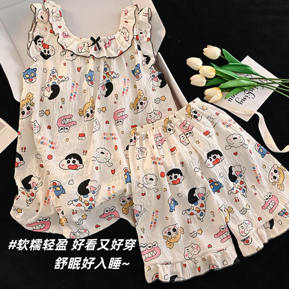 蜡笔小新儿童睡衣夏季薄款女童2026新款欧若风背心套装亲子家居服