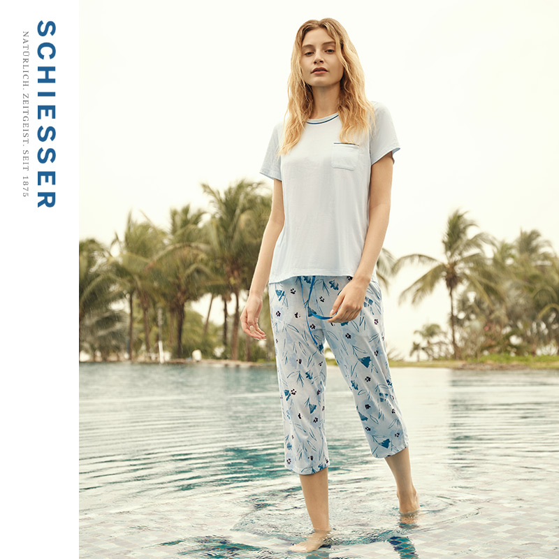 SCHIESSER舒雅25年春夏新品女士棉莫代尔印花圆领睡衣家居服套装
