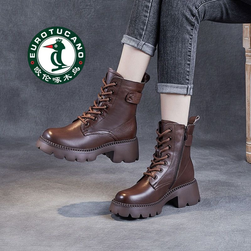 欧伦啄木鸟加绒厚底英伦风女鞋秋冬款经典百搭款式牛皮高跟短靴女