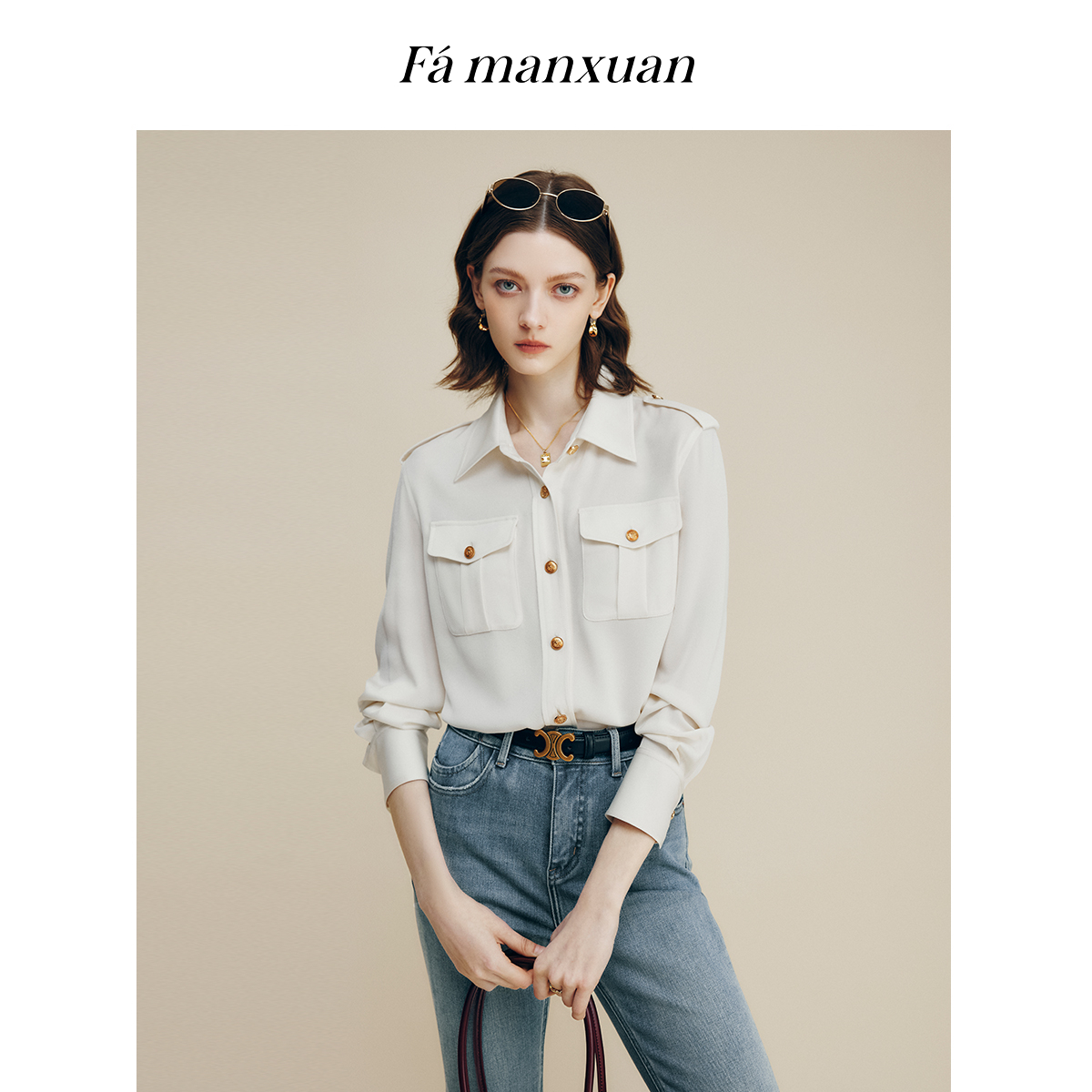 【CC专属】法曼萱工装风醋酸混纺衬衫女2025秋上衣CY3285