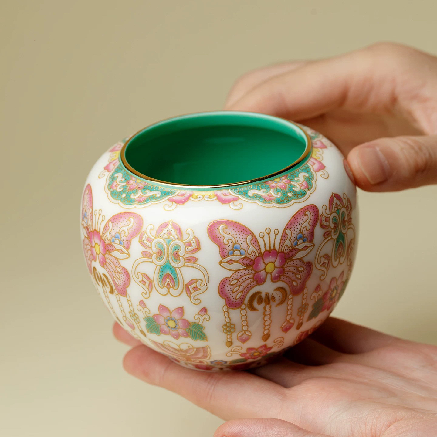 如馨·粉彩·蝶栖花畔陶瓷建水精致创意手工家用茶渣缸茶道配件水盂