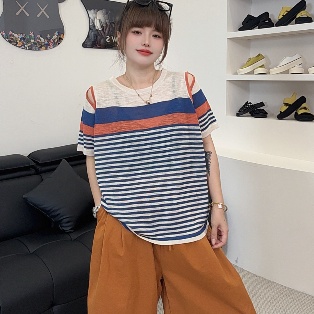 【郁儿严选】38392夏季新款撞色拼接露肩条纹设计感小众简约百搭T