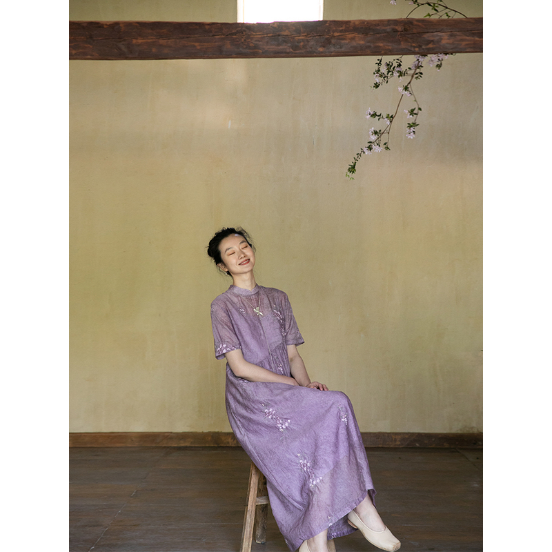 牧衣游原创炒色丝棉匹绣连衣裙新款减龄禅意文艺气质长裙 月寻人