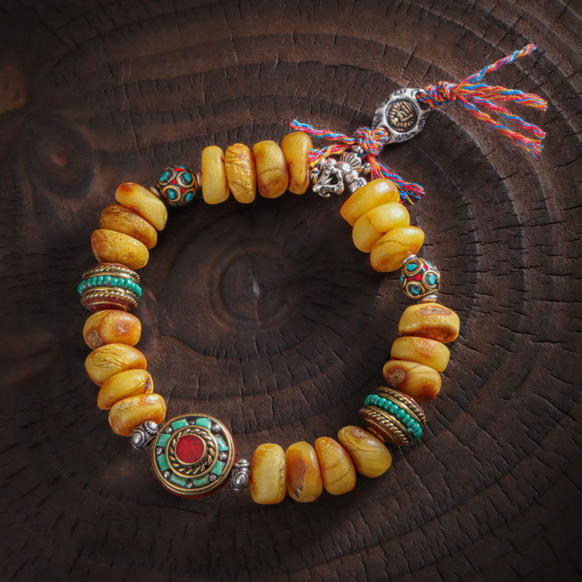 925银手链 S12119 大头姐 尼泊尔手工扁圆珠金刚杵弹力手串